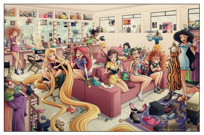 Disney Princesses backstage in a dressing room