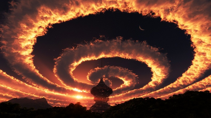 Science fiction tower amidst fiery spiral clouds and a crescent moon