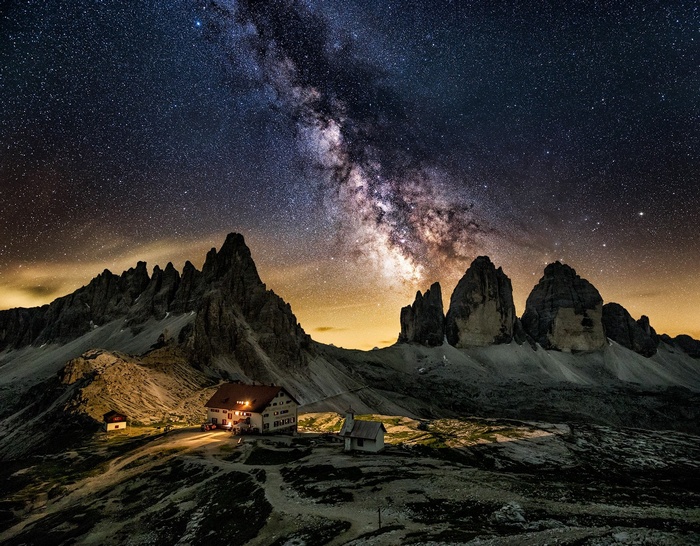 mountains, landscape, Dolomites (mountains), Milky Way, summer, galaxy, Italy, starry night, cabin, nature, long exposure