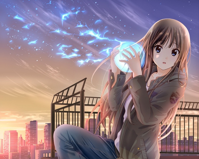 Anime girl holding a glowing orb against a city sunset