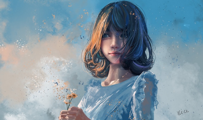 Anime girl with flowers and blue eyes