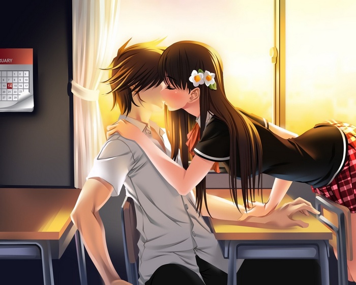 Anime couple kissing in a classroom