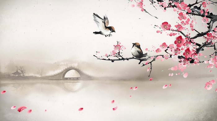 Birds on a blooming cherry blossom tree with a bridge