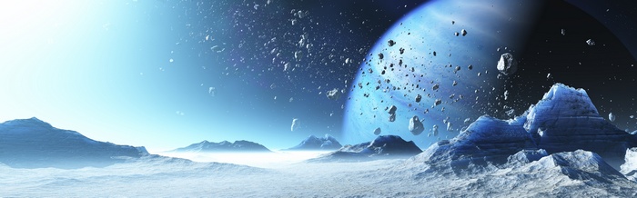 Planet with asteroid belt and icy landscape