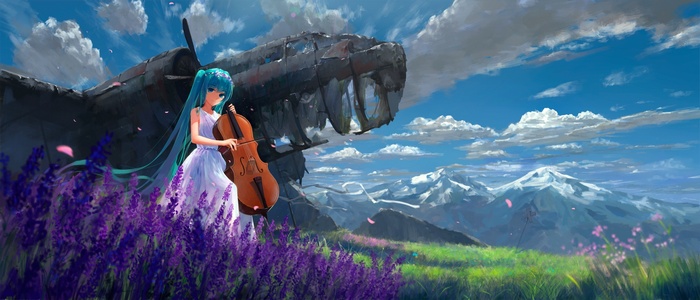 Hatsune Miku playing cello near a crashed plane