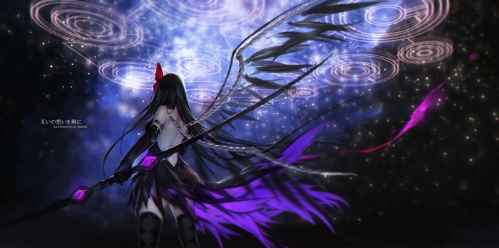 Akemi Homura with black wings and magical circles