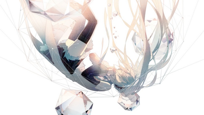 Hatsune Miku falling amidst geometric shapes and light