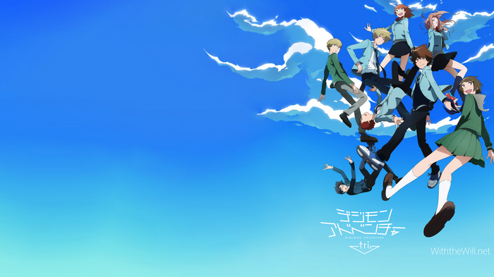 Digimon Adventure tri. Characters jumping in the sky