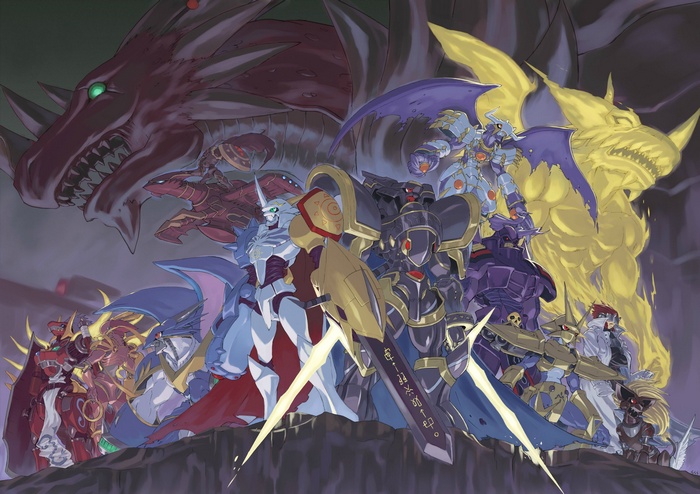 Digimon Tri: A group of Digimon characters in battle formation