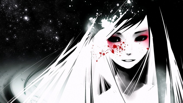 Anime girl with long black hair and red eyes