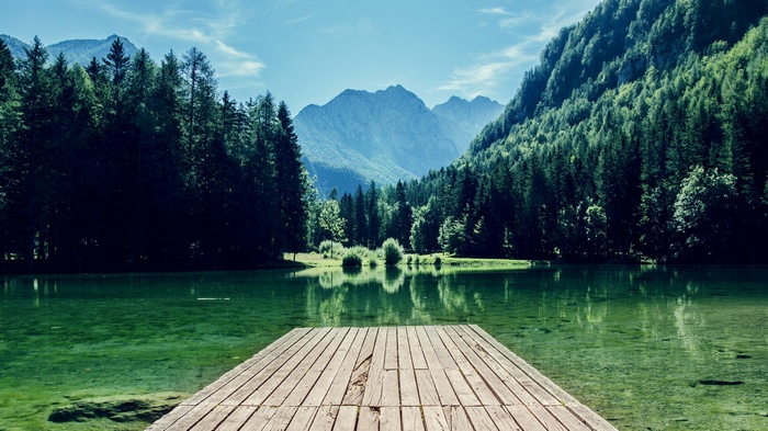 Wooden dock on a clear lake with mountains and forest