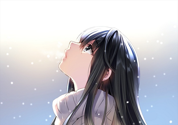 Anime girl with black hair looking up