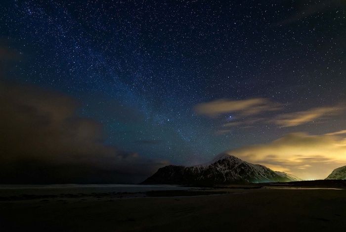 Arctic, long exposure, snowy peak, sea, beach, nature, clouds, mountains, lights, sky, starry night, Milky Way, landscape