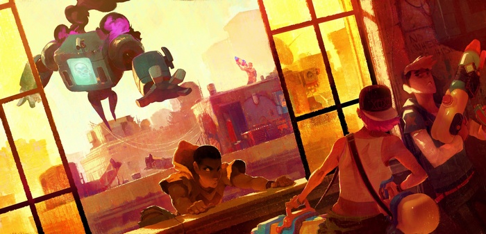 Artwork of a robot and people with water guns