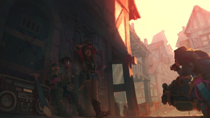 Characters with a boombox in a city alley