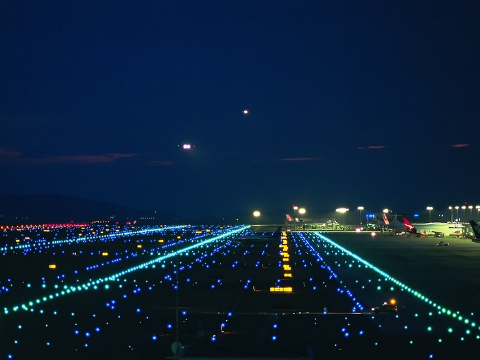 Airport runway lights at night