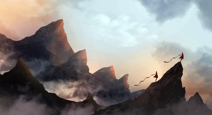 Two figures in red cloaks on mountain peaks