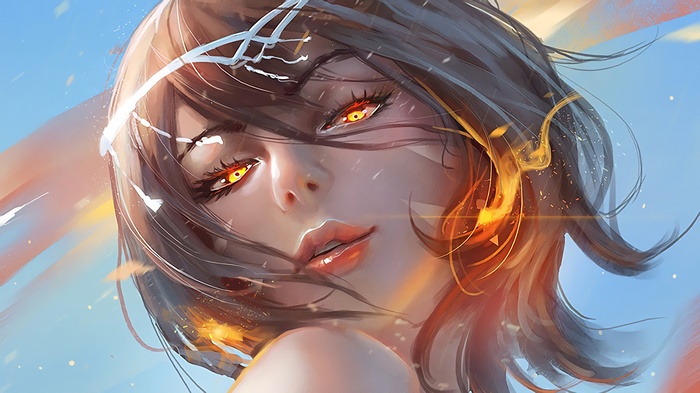 fantasy art, original characters, fire, anime girls, looking at viewer