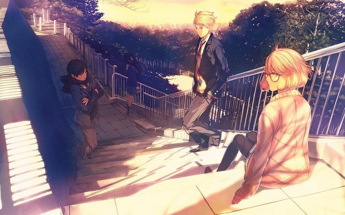 Kyoukai no Kanata students on stairs at sunset