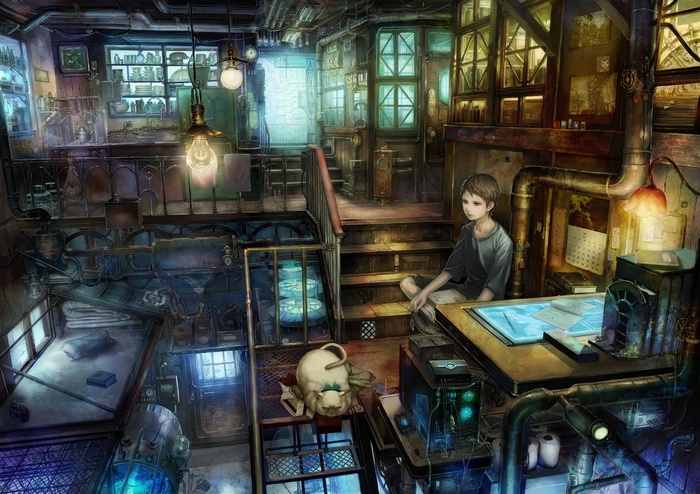 Anime artwork of a boy and a cat in a factory interior