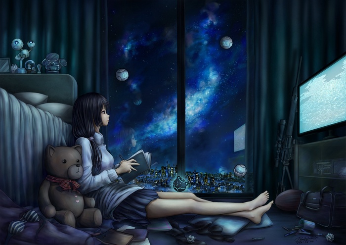 Anime girl reading by a window with a space view