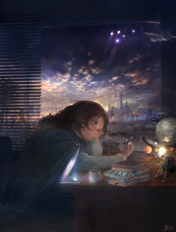 Anime girl studying space models at a desk