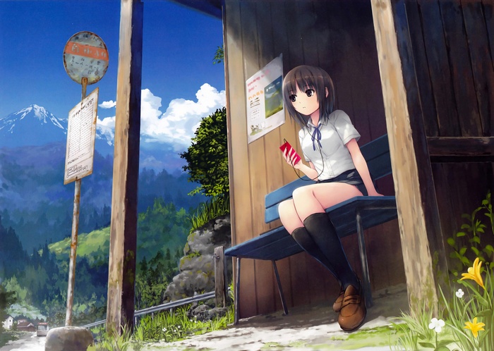 Anime girl at a bus stop with Mount Fuji in the background