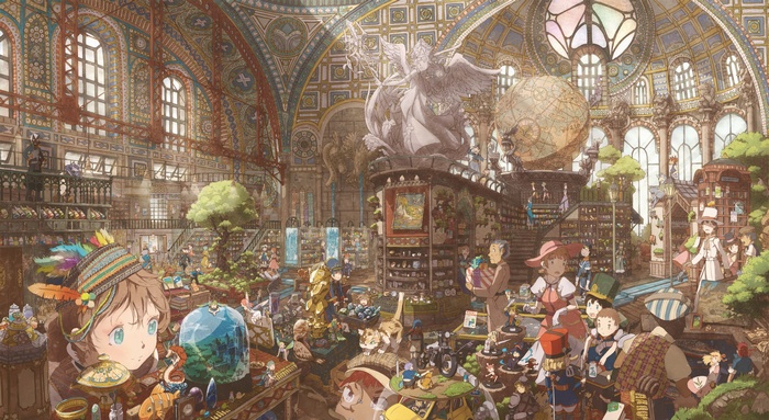 Anime characters in a fantastical library store