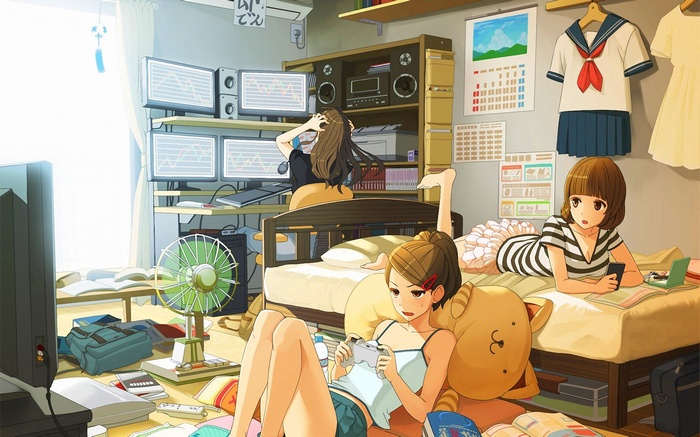 Anime girls playing video games in a messy bedroom