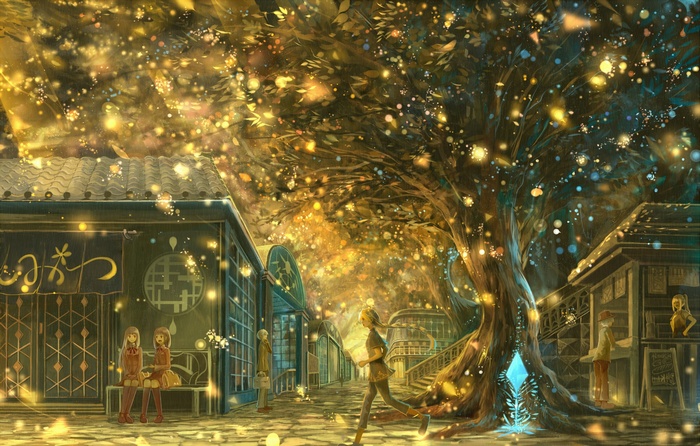 Anime girls in a fantasy forest with glowing lights