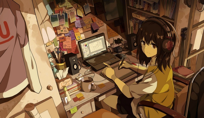 Anime girl working on a computer in a room
