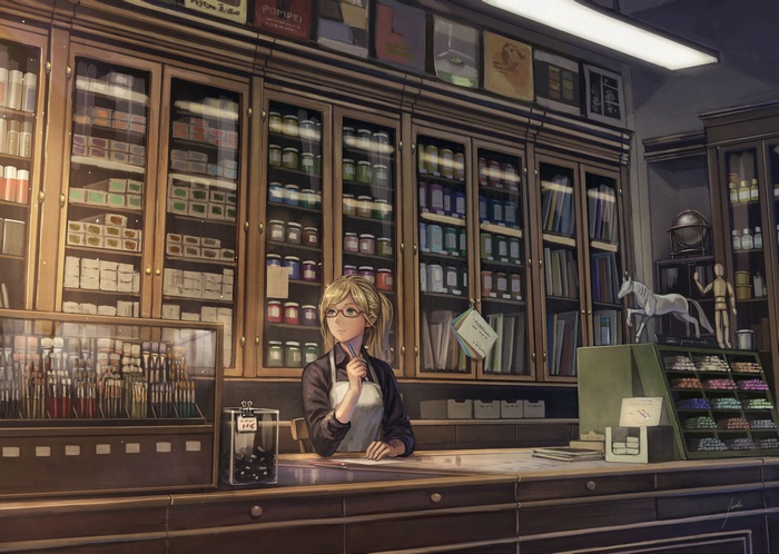 Anime girl working in an art supply store