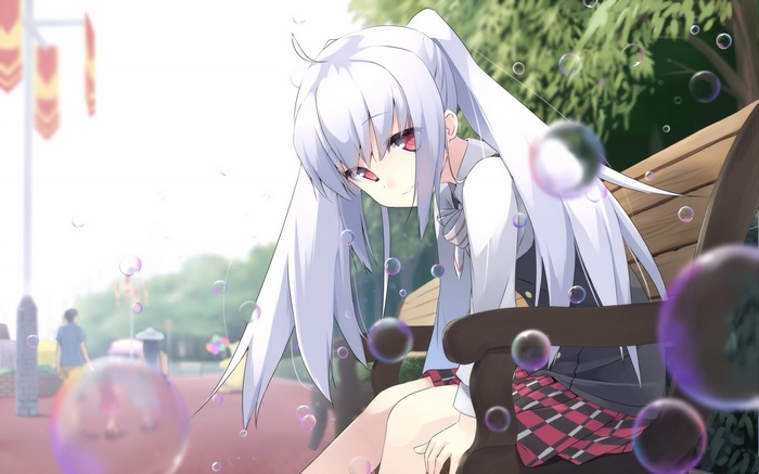 Isla from Plastic Memories with bubbles in a park