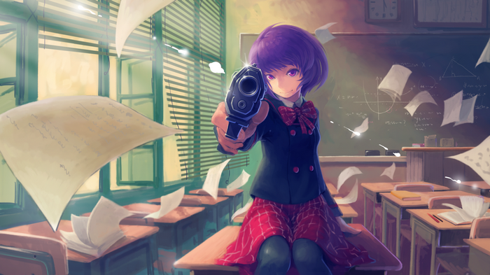 Anime girl in school uniform holding a pistol in a classroom