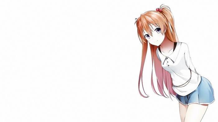 Anime girl with long brown hair and blue shorts