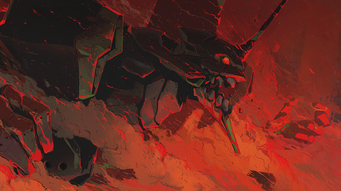 EVA Unit 01 in a fiery, abstract environment