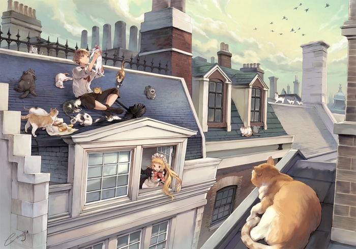 Anime boy and girl on rooftops with many cats