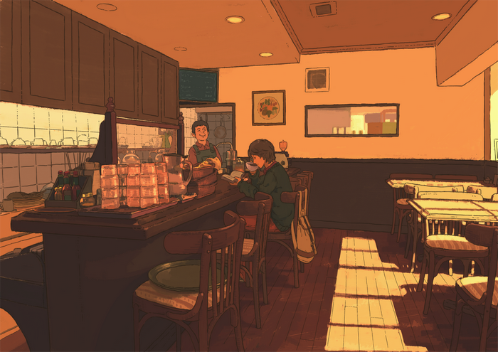 Anime cafe interior with patrons and staff