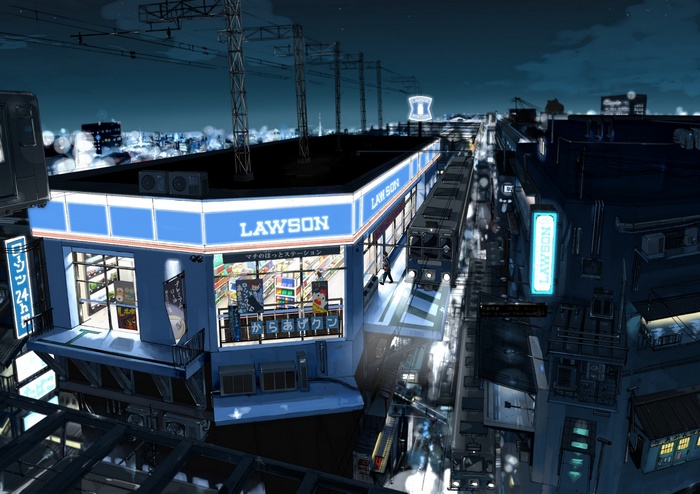 Lawson convenience store at night in a futuristic anime city