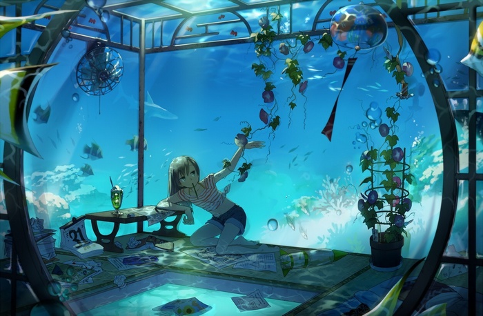 Anime girl in an underwater room with fish