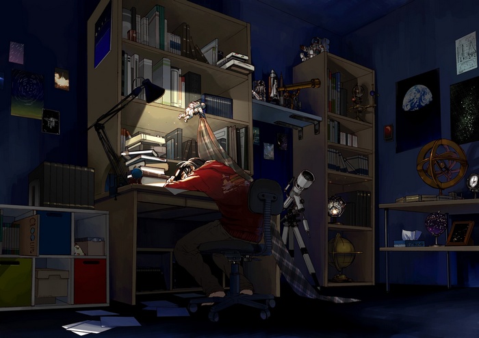 Anime boy sleeping at desk with space decorations