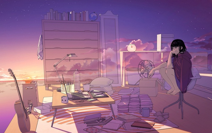 Anime girl sitting in a messy room at sunset
