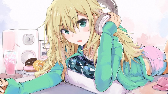 Miki Hoshii listening to music with headphones
