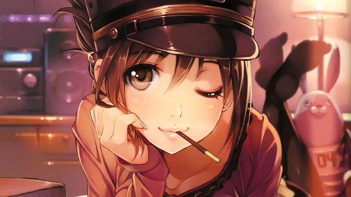 Anime girl in a hat eating a chocolate stick