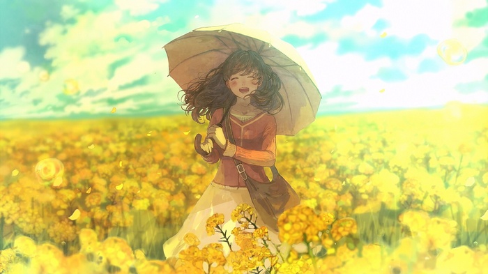 Anime girl with umbrella in a field of yellow flowers