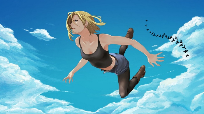 Android 18 falling through the sky with birds