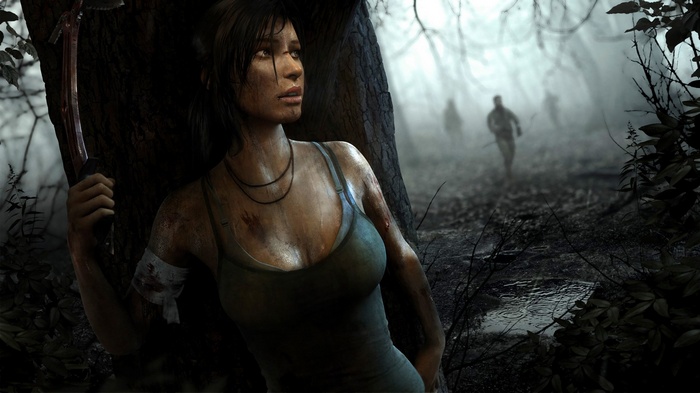 Lara Croft in a foggy forest with pursuers