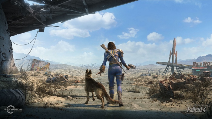 Fallout 4: Woman and Dog in Wasteland