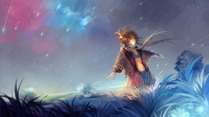 Luo Tianyi under a starry sky with shooting stars