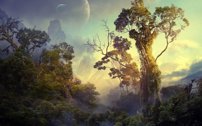 Alien jungle with two planets in the sky